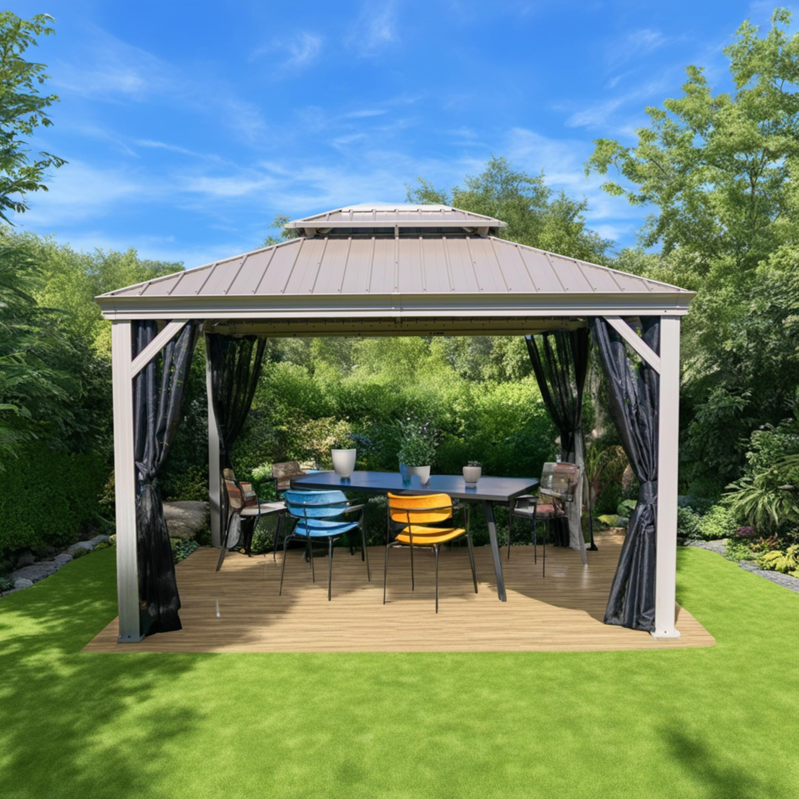 New Yard Hardtop Gazebo with Galvanized Steel Double Roof, Rustproof Aluminum Frame, Privacy Netting, and All-Weather Outdoor Shelter, Beige (12x12)
