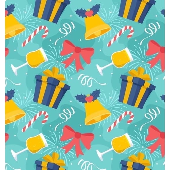New Year Celebration Bells, Presents, Glasses & Confetti Pattern Edible Icing Image Cake Topper, by Tnct.