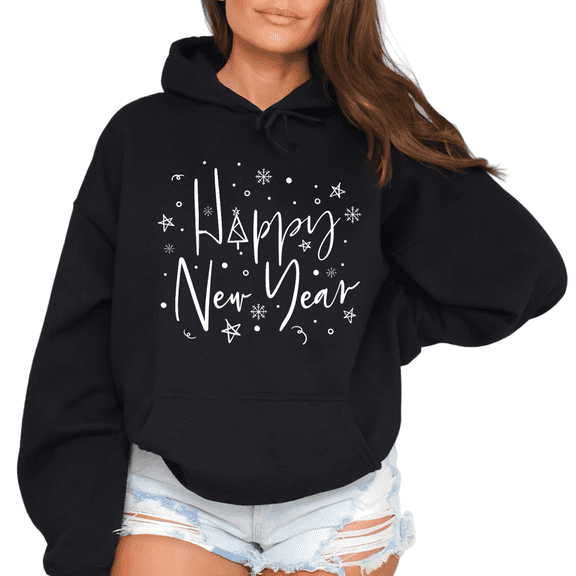 New Year Celebration Print hoodie Sweatshirt Graphic Sweatshirt Black Happy Winter Whimsical S-2XL Tops