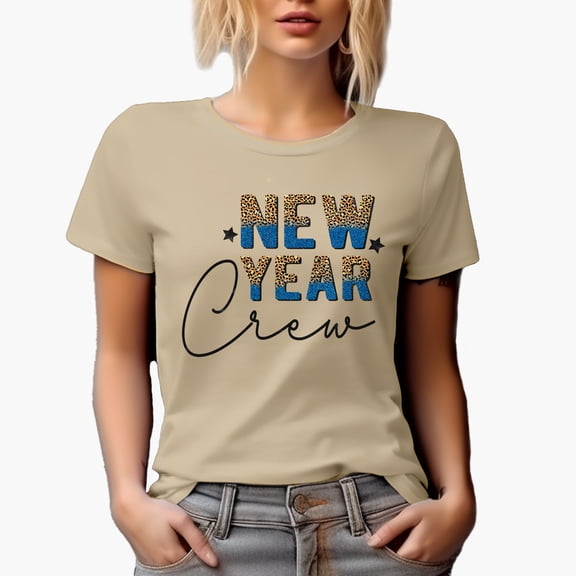 New Year Crew with Leopard Print & Glitters Art Merch Gift, Tan T-Shirt, XL