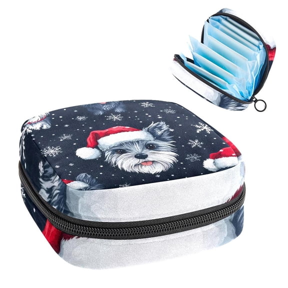New Year Dog with Santa Hat and Snowflakes Sanitary Napkin Storage Bag, Zipper Menstrual Cup Pouch Feminine Menstruation First Period Pads Holder for Girls Women Ladies