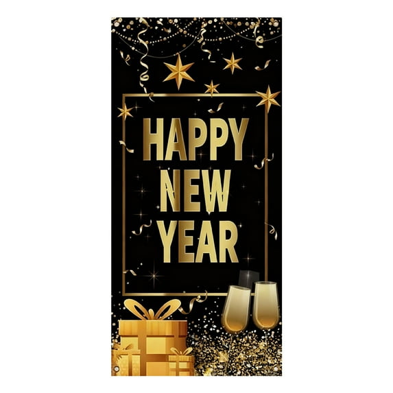 New Year Door Cover Banner 2025 - Xmas Eve Decorations Black Gold Hanging Backdrop Sign Prop for Holiday Indoor Outdoor Party Supplies (A)