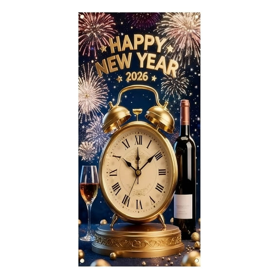 New Year Door Cover Banner 2025 - Xmas Eve Decorations Black Gold Hanging Backdrop Sign Prop for Holiday Indoor Outdoor Party Supplies (A)