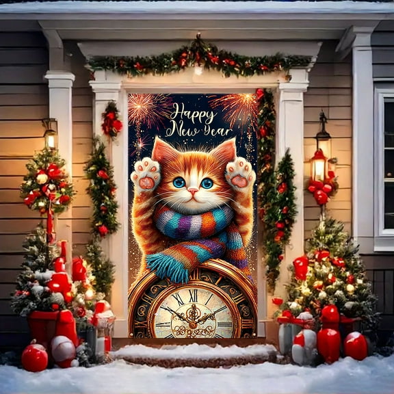‌New Year Door Cover Festive Fabric Hanging Decor for Christmas Party School Classroom Office Holiday Celebration Winter Door Decoration‌