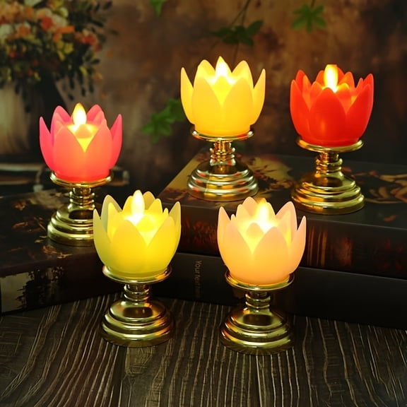 New Year Festive Lotus Candle Lamp - LED Electronic Luminous Swinging Candlestick with Elegant Golden Base for Temple Worship and Celebrations