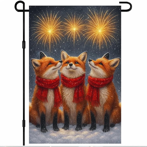 New Year Garden Flag 12x18 Inch Cute Fox Winter Holiday Yard Decor Double Sided Polyester Outdoor Seasonal Lawn Banner