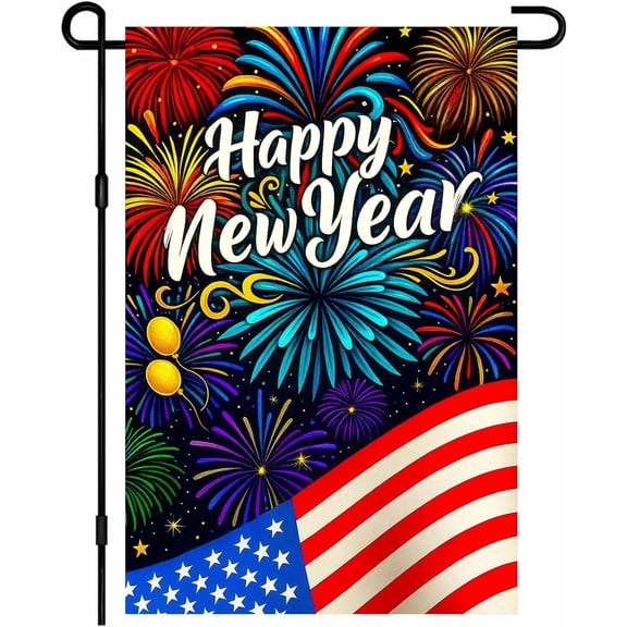 New Year Garden Flag 12x18 Inch Double Sided Outdoor Yard Banner With Fireworks and American Flag Design for Porch Lawn Patio Decor