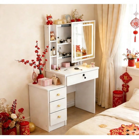 New Year Gift 2+1 Vanity Combo - LED Lighted Mirror, Main Cabinet & Low Cabinet, Max Storage