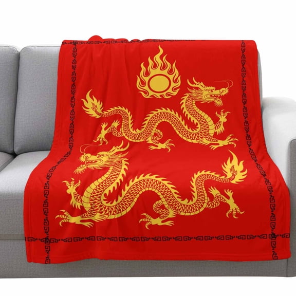 New Year Glod Dragons Fleece Throw Blanket Lightweight Red Oriental Traditional Ethnic Classical Fuzzy Flannel Throws Super Soft Cozy Flannel Blanket for Couch, Sofa, Bed, Travel 50"x80"