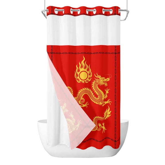 New Year Glod Dragons No Hook Shower Curtain with Snap in Liner Red Oriental Traditional Ethnic Classical Waterproof Bathroom Shower Curtain with See Through Top Window for Bathtub 36" x 72"
