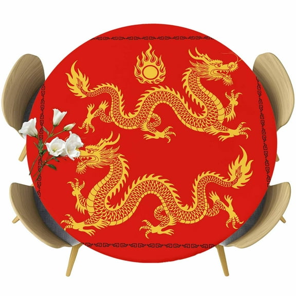 New Year Glod Dragons Round Fitted Tablecloth with Elastic Edge, Red Oriental Traditional Ethnic Classical Stretch Table Covers for 36"-44" Tables Wipeable Table Cloth for Outdoor