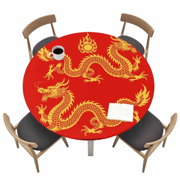 New Year Glod Dragons Round Fitted Tablecloth with Elastic Edge Red Oriental Traditional Ethnic Classical Table Cover Fit for 45"-54" Tables Waterproof Tablecloths for Dinner Camping Picnic