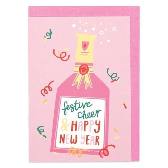 New Year Greeting Card Festive Cheer & Happy New Year Design Colorful Champagne Bottle Blank Inside with Envelope Perfect for Celebrating 2024
