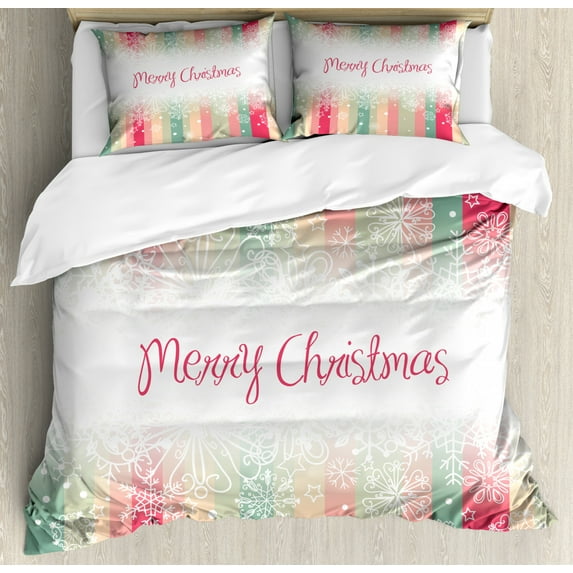 New Year King Size Duvet Cover Set, Colorful Vertical Stripes with Merry Christmas Quote Winter Season Theme Snowflake, Decorative 3 Piece Bedding Set with 2 Pillow Shams, Multicolor, by Ambesonne