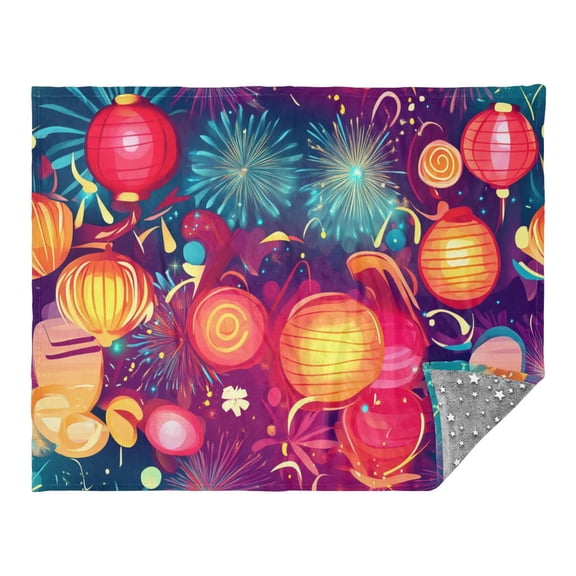 New Year Lanterns Fireworks 70x55in Flannel Throw Blanket, Double Sided, Soft and Cozy, Glow in the Dark