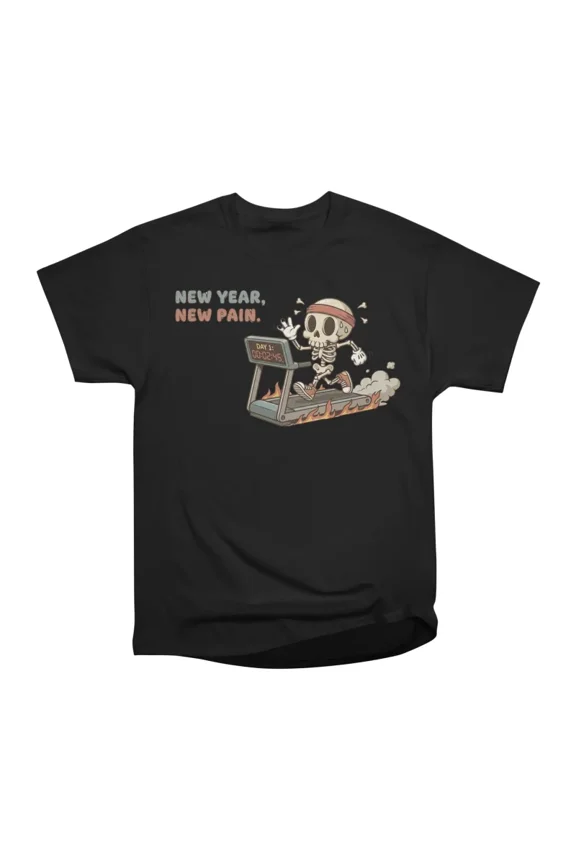 New Year New Pain Retro Cartoon Skeleton on Treadmill Funny Resolution T-Shirt Tee Gift Fo