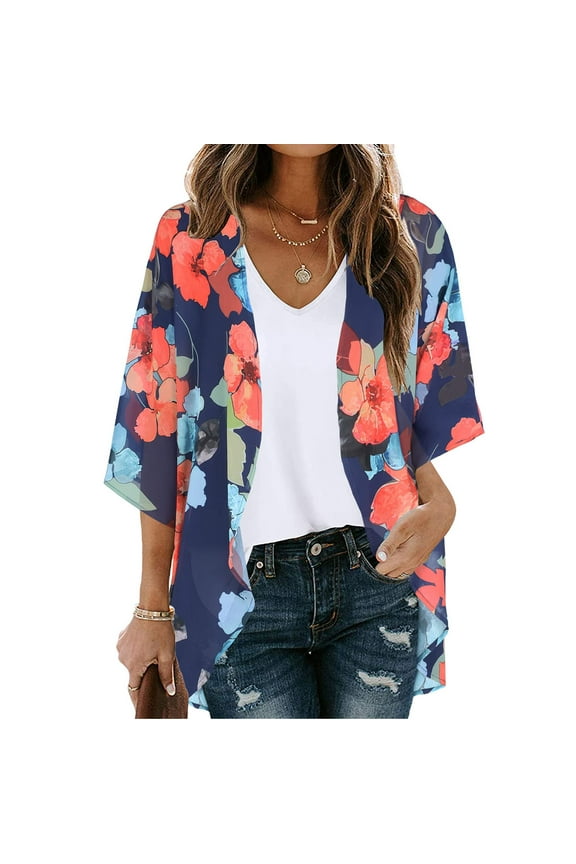 New Year Reset AXXD Womens Cover Ups Plus Size Floral Print Puff Sleeve Kimono Cardigan Loose Chiffon Cover Up Tops
