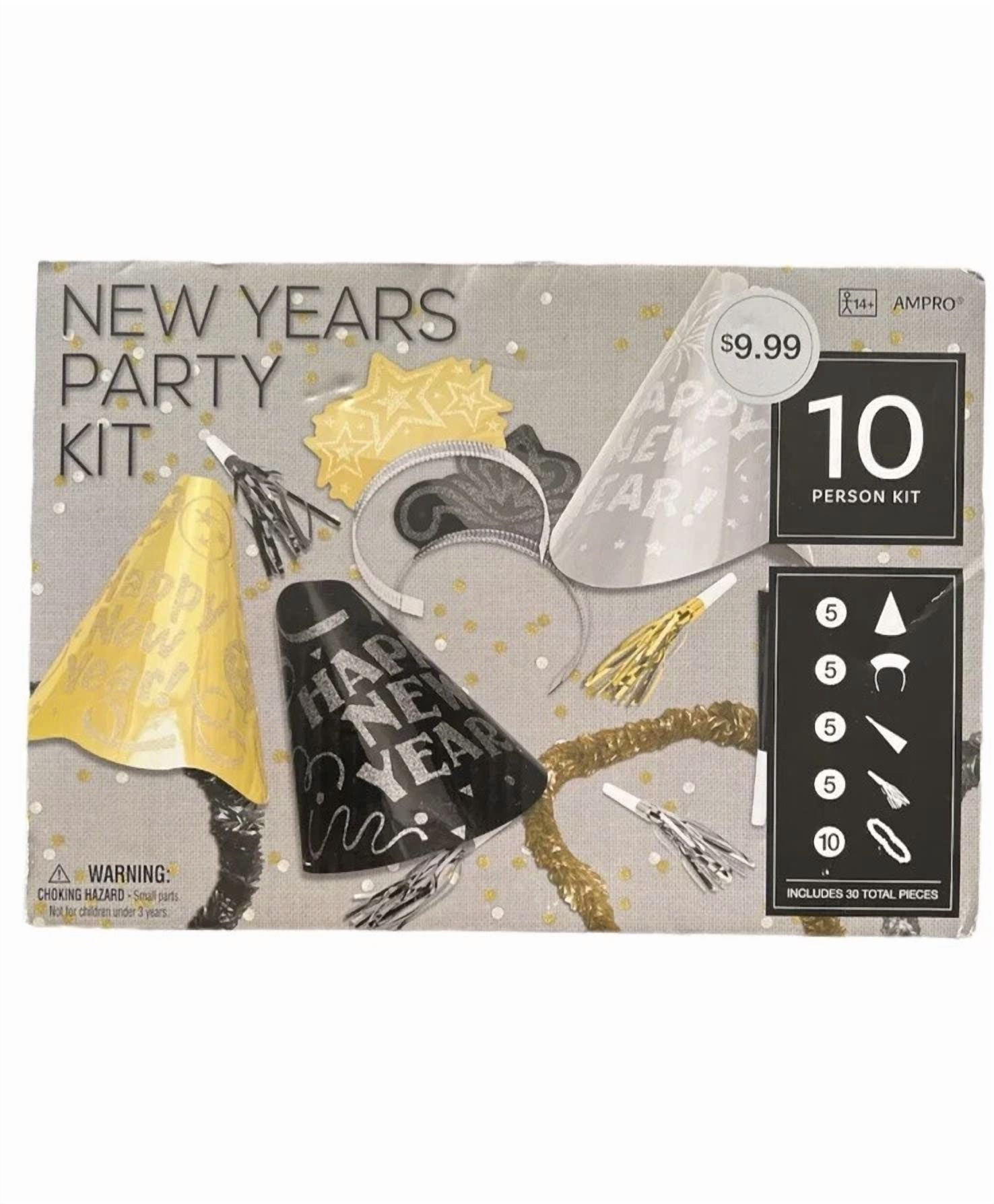 New Year'S Eve Party Kit - Hats Tiaras Horns Blower (Black And Gold) (10 Person)