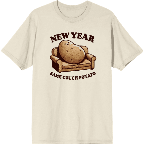 New Year Same Couch Potato Adult Natural Crew Neck Short Sleeve Tee-Medium
