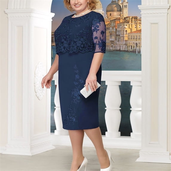 New Year Savings! Ashirexll Dresses for Women Fashion Lace Elegant Mother of Bride Dress Knee Length Plus Size Dress Womens Dresses Navy Dress XXL