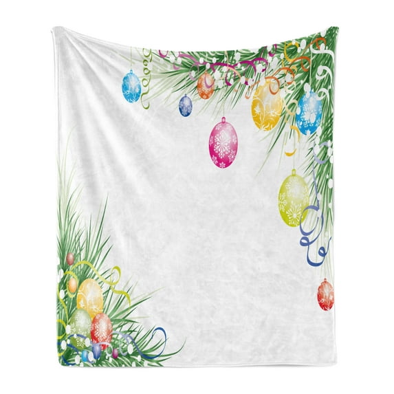 New Year Soft Flannel Fleece Blanket, Colorful Baubles on Fir Branches Seasonal Ornaments Christmas Themed Illustration, Cozy Plush for Indoor and Outdoor Use, 50" x 60", Multicolor, by Ambesonne
