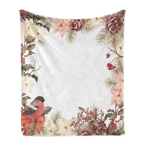 New Year Soft Flannel Fleece Throw Blanket, Eurasian Bullfinch Motif with Cedar Branch Holly Berries Vintage, Cozy Plush for Indoor and Outdoor Use, 60" x 80", Dried Rose Pale Peach, by Ambesonne