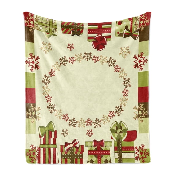 New Year Soft Flannel Fleece Throw Blanket, Star Shaped Snowflakes with Ornamental Boxes Abstract Christmas, Cozy Plush for Indoor and Outdoor Use, 50" x 60", Green Brown Pale Green, by Ambesonne