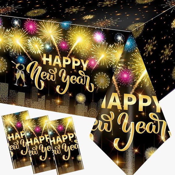 New Year Tablecloth 3Pcs New Years Eve Party Supplies 2026 Happy New Year Tablecloth Black Gold Fireworks Table Cover for 2026 Party Decorations