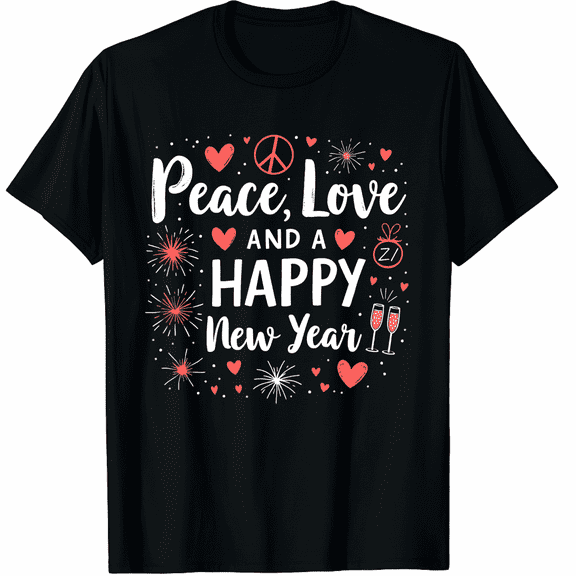 New Year Wishes, Peace, Love, Happy New Year, New Years Eve Graphic Tee T-Shirt for Men Women