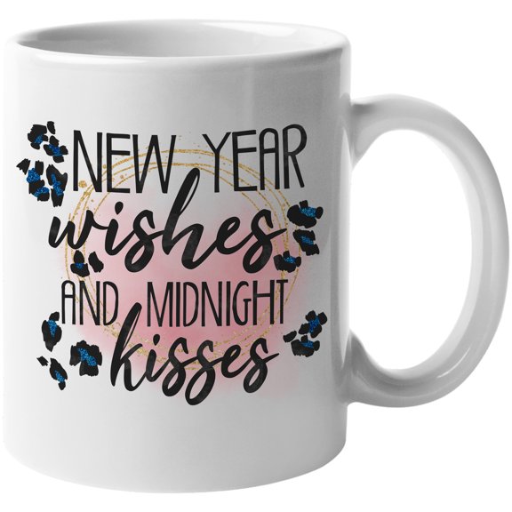New Year Wishes and Midnight Kisses with Leopard Print & Glitters Art Merch Gift, White 11oz Ceramic Mug
