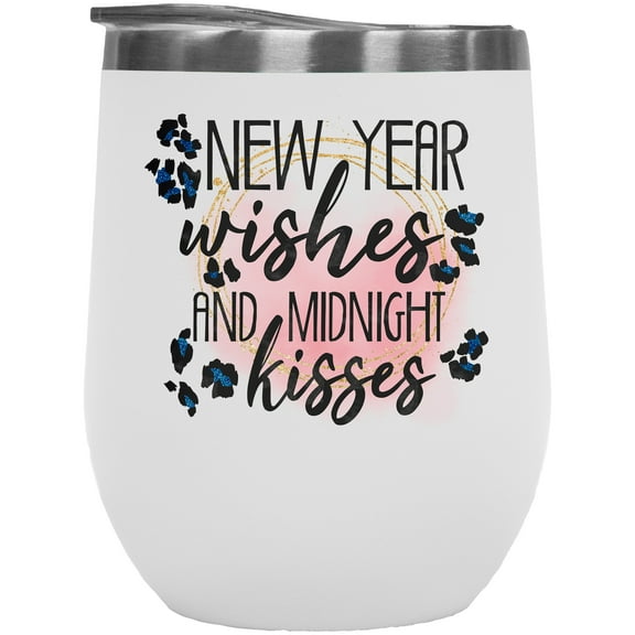New Year Wishes and Midnight Kisses with Leopard Print & Glitters Art Merch Gift, White 12oz Wine Tumbler