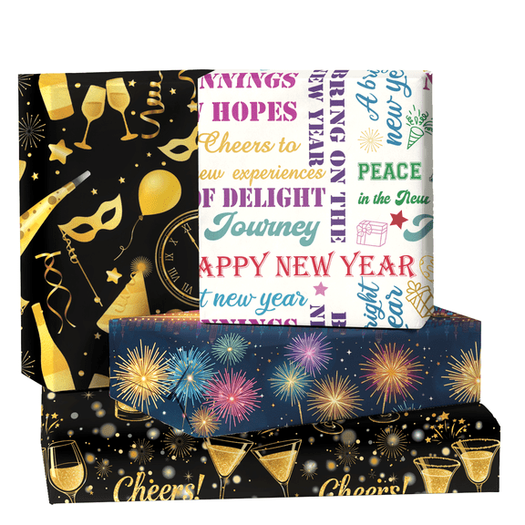 New Year Wrapping Paper Roll, Mini Roll, Black Gold Design with Champagne, Firework and Celebration Text Gift Wrap for Holiday Party, New Year's Eve