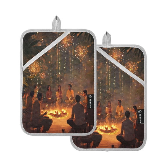 New Year's Banquet Design Set of 2 Heat-Resistant Quilted Pads, Silver Polyester, 7" x 9.8"