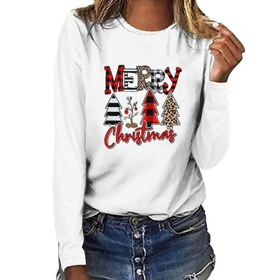 Christmas GiftsGATXVG Women's Merry Christmas Shirts Funny Leopard Plaid Tree Graphic Cute Long Sleeve Crewneck Tees Tops