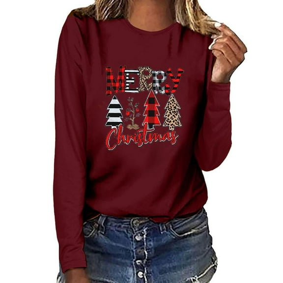 Christmas GiftsGATXVG Women's Merry Christmas Shirts Funny Leopard Plaid Tree Graphic Cute Long Sleeve Crewneck Tees Tops