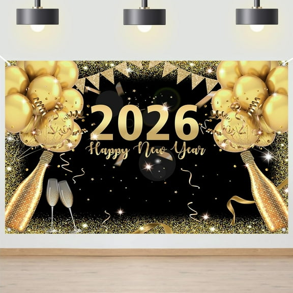 New Year's Eve Party Backdrop 2026 Happy New Years Party Decorations Balloon Champagne Glitter Black and Gold New Year's Party Banner Photoshoot Photography Background