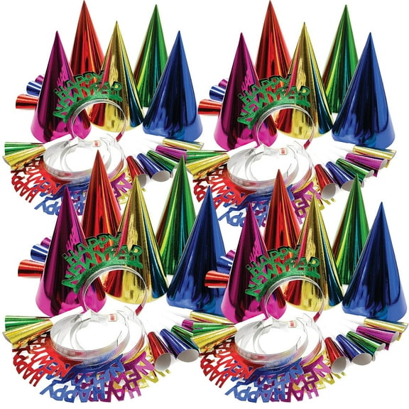 New Year's Eve Party Kit for 60 Guests - Multi-color Metallic Cone Hats Tiaras and Noisemakers
