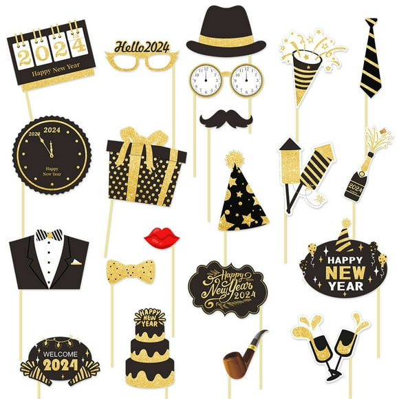 New Year's Eve Party Photo Booth Props Kit 2024 Celebration Decorations with Hats, Glasses, Ties, and More