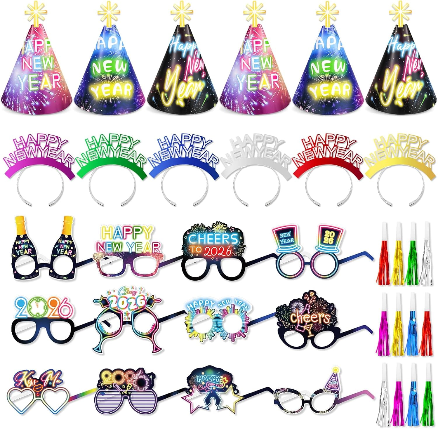 New Year's Eve Party Supplies 2026, 36 Neon New Years Eve Party Hats Glasses Happy New Year Headbands Fringed Noise Makers, Colorful New Years Eve Decorations 2026 Happy New Year Photo Props