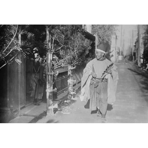 New Year's Greeting in Japan; Japanese man in Native dress walks down small street giving New Years Greetings Poster Print by unknown (18 x 24)