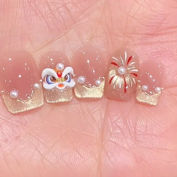 New Year's Lion Dance Cat's Eye Pure Handmade Wearing Nail Boutique Short Whitening Finished Nail Patch Fake Nails Autumn and Winter