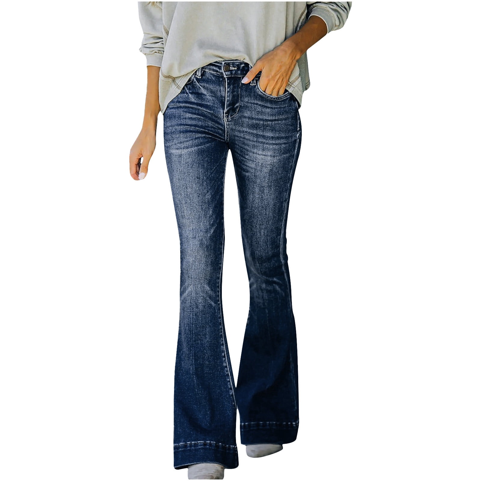 New Year's Saving 2024! AKAFMK Womens Flare Jean,Womens Flare Bell Bottom  Jean,Women Fashion Casual Solid Pants Jean Pocket Pants Women's Jean 