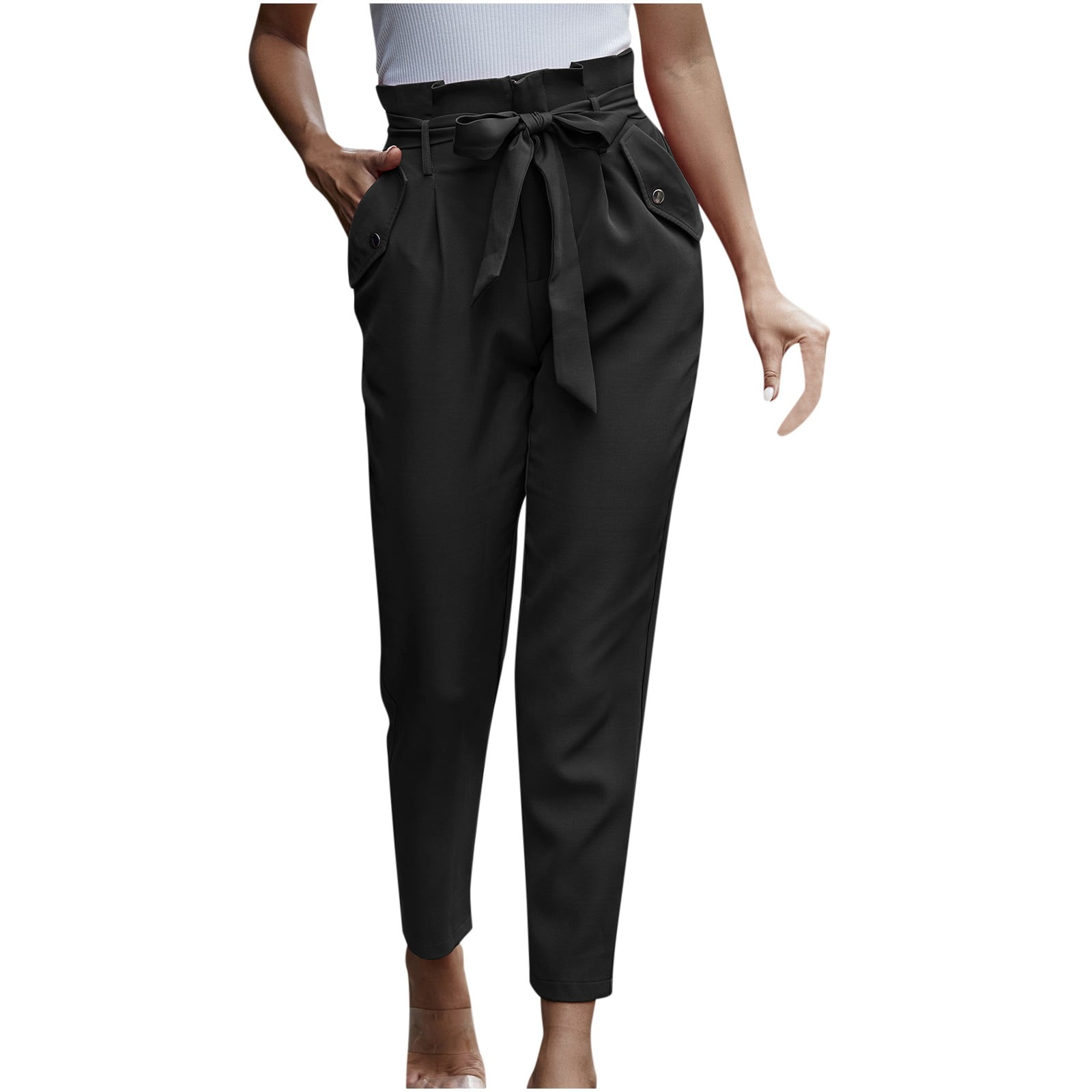Aayomet Dress Pants Women Ladies Autumn And Winter Style Lace Up Pocket  Tooling Long Solid Color Casual Elastic Beach Pants,Black XL