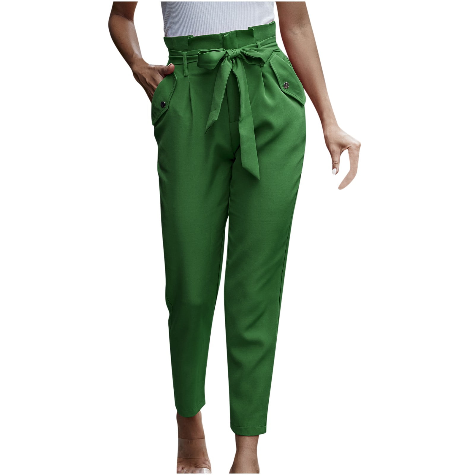 New Year's Saving 2024! AKAFMK Work Pants for Women,Womens Pants Casual,Womans  Solid Color Loose Pocket Button Knot Casual Pants 