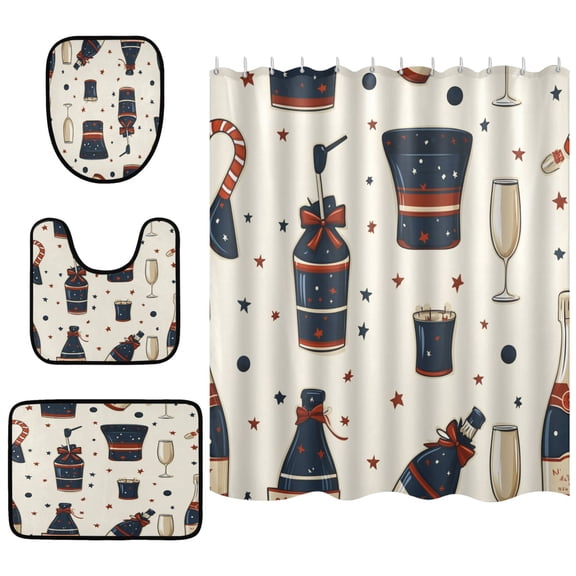 New Year's Themed Wine Bathroom Accessory Curtain Sets Bath Curtain Anti-Slip Mats and Toilet Pad 66x72in