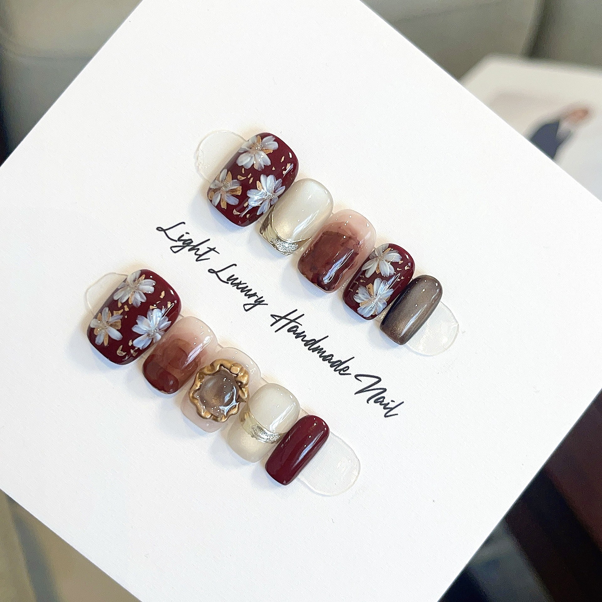 New Year's armor Cherry red white hand-painted pure hand-worn nail smudge Japanese nail patch