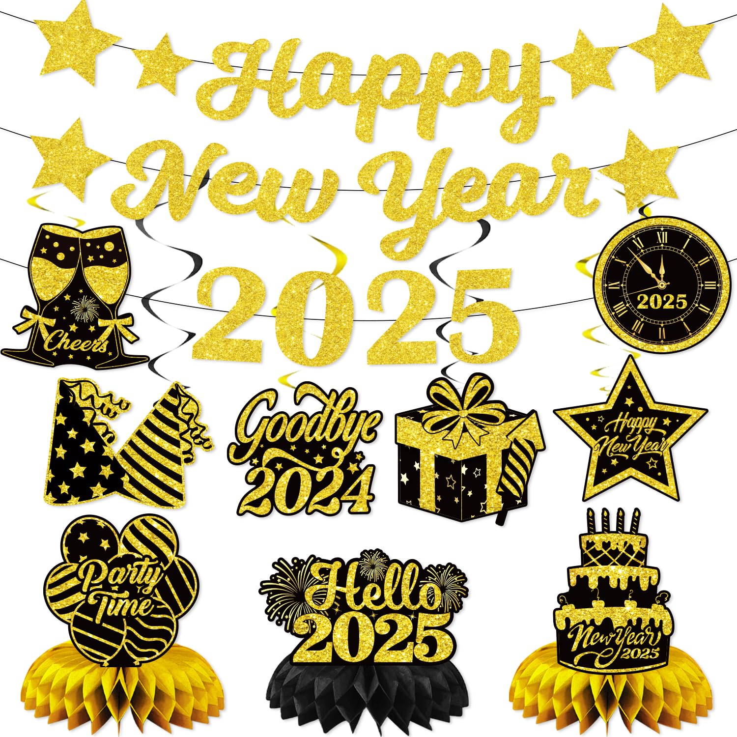 2025 New Year's Eve Party Decorations Kit - Gold & Black Banners, Swirls, Balloons, Cake Toppers For 50 People