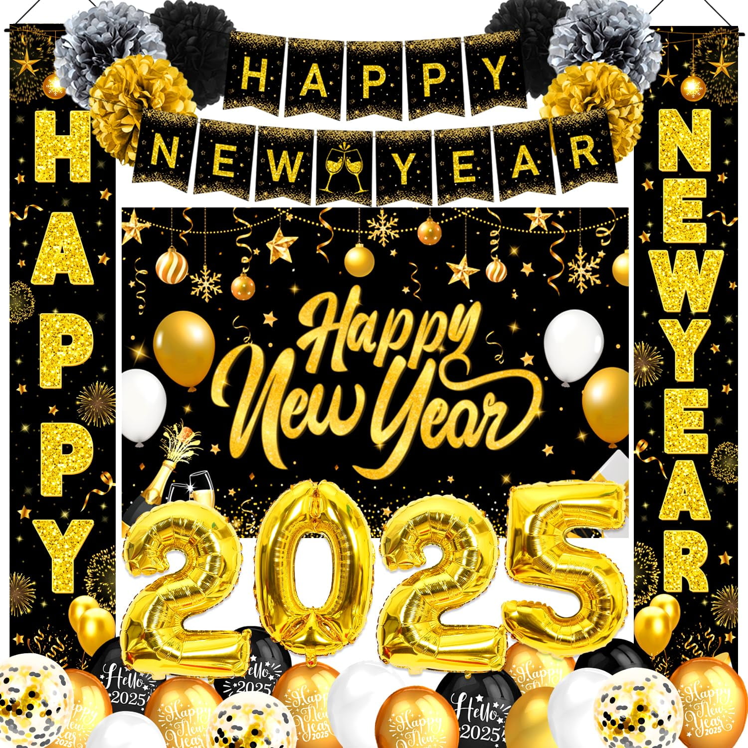 Happy New Year Backdrop Banner – 78 X 43 Inch Black & Gold Party Decor With Grommets