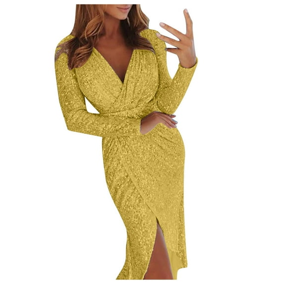 New Years Eve Dresses For Women Deep V Sequins Wrap Ruched Sleeve Formal Nightclub Party Dress