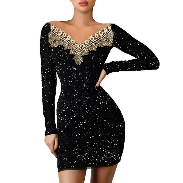 Contrast Mesh V Neck Long Sleeve Party Dress Contrast Mesh V Neck Long Sleeve Party Dress